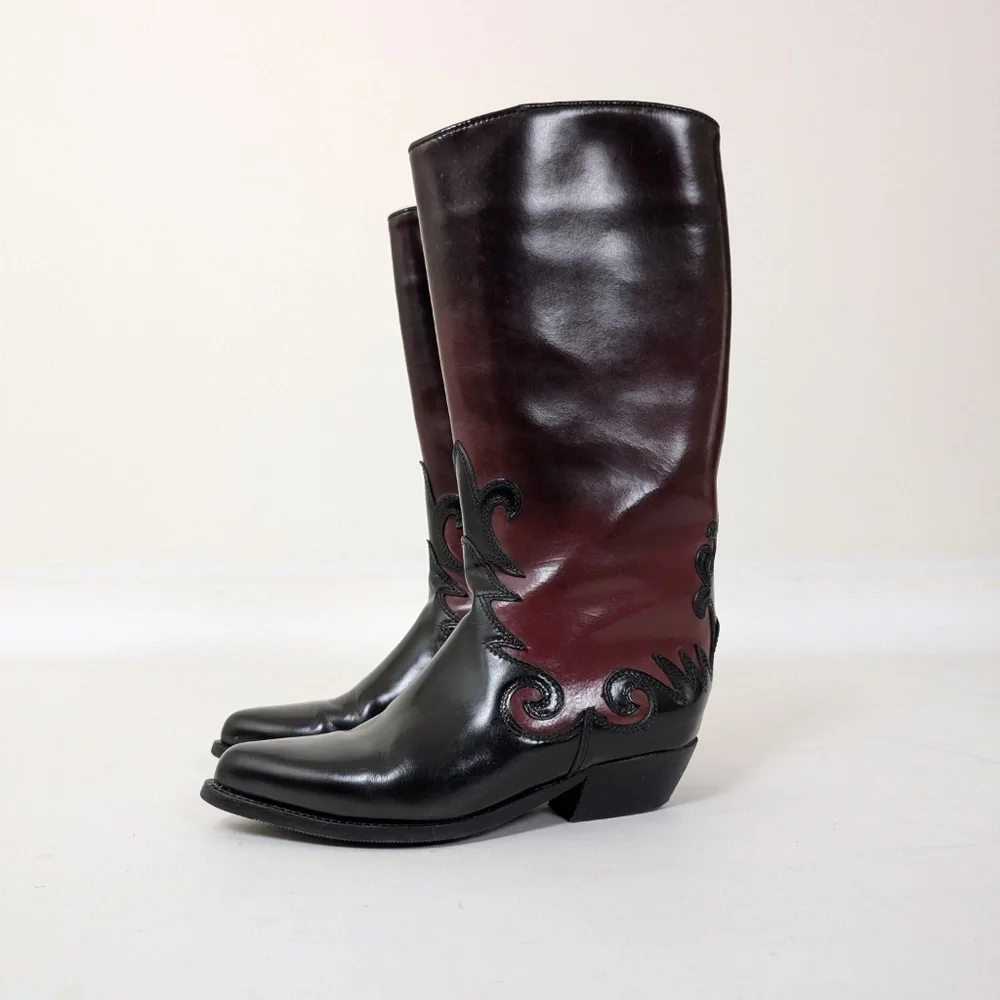 Pleather Ombre Boots Western Faux Leather PVC Round Toe Maroon Burgundy - Picture 6 of 10